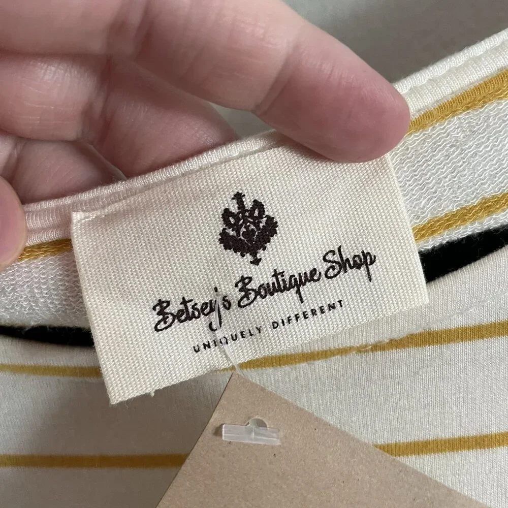 Betsey's Boutique Shop Women S White/Yellow Striped Drawstring Waist Dress NWT - Picture 8 of 11